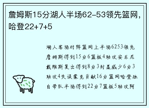 詹姆斯15分湖人半场62-53领先篮网，哈登22+7+5